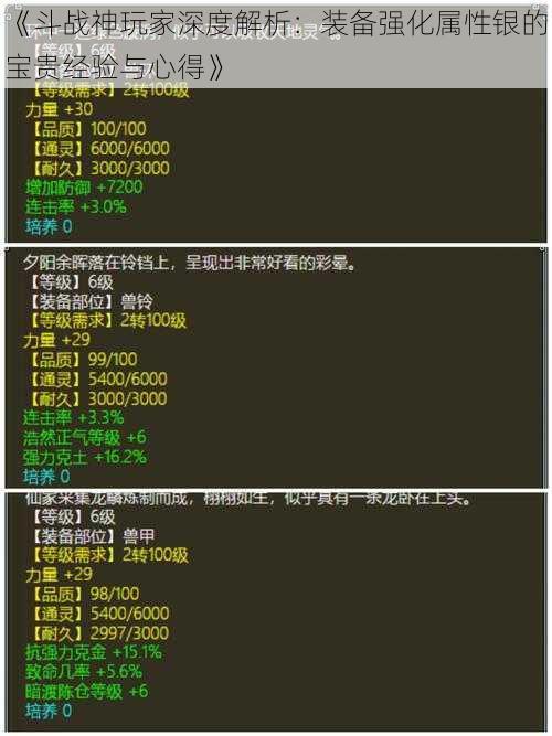 《斗战神玩家深度解析：装备强化属性银的宝贵经验与心得》